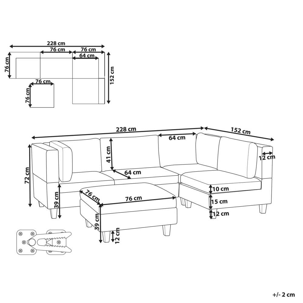 Beliani Modulinė 4 vietų sofa UNSTAD kairinė ruda su pufu