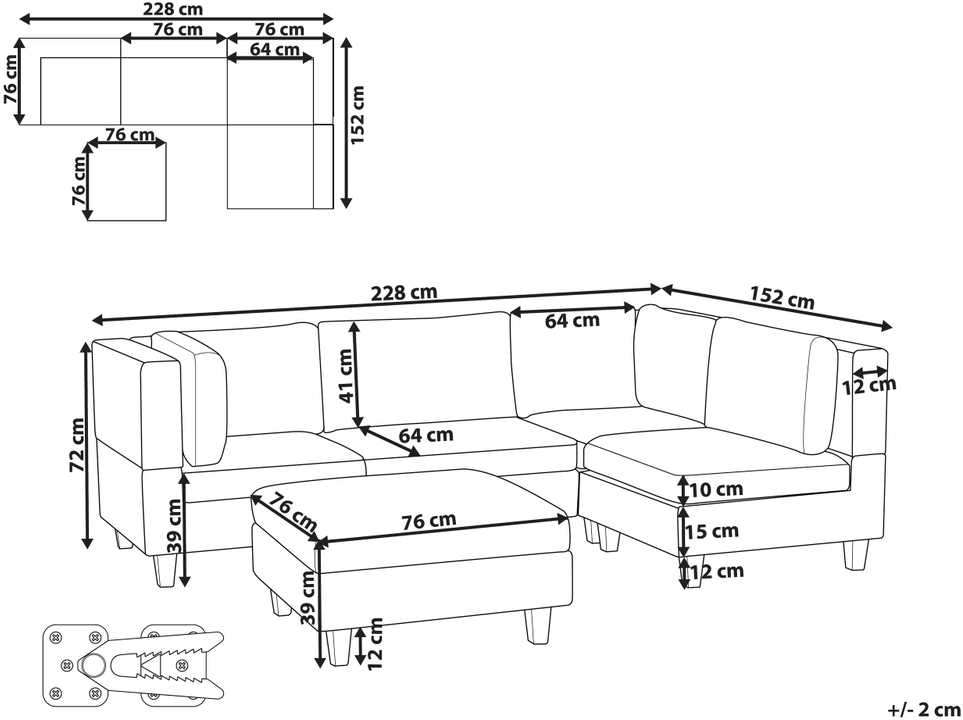 Beliani Modulinė 4 vietų sofa UNSTAD kairinė ruda su pufu