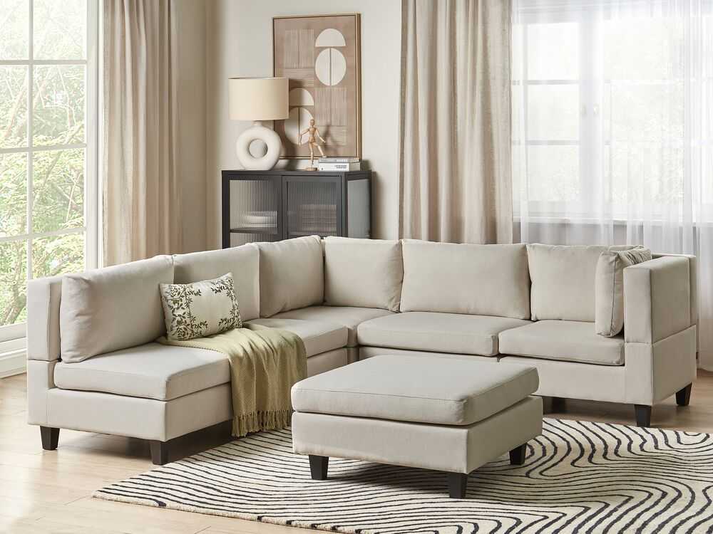 Beliani 5 vietų modulinė sofa UNSTAD kairinė, šviesiai smėlio spalvos su pufu