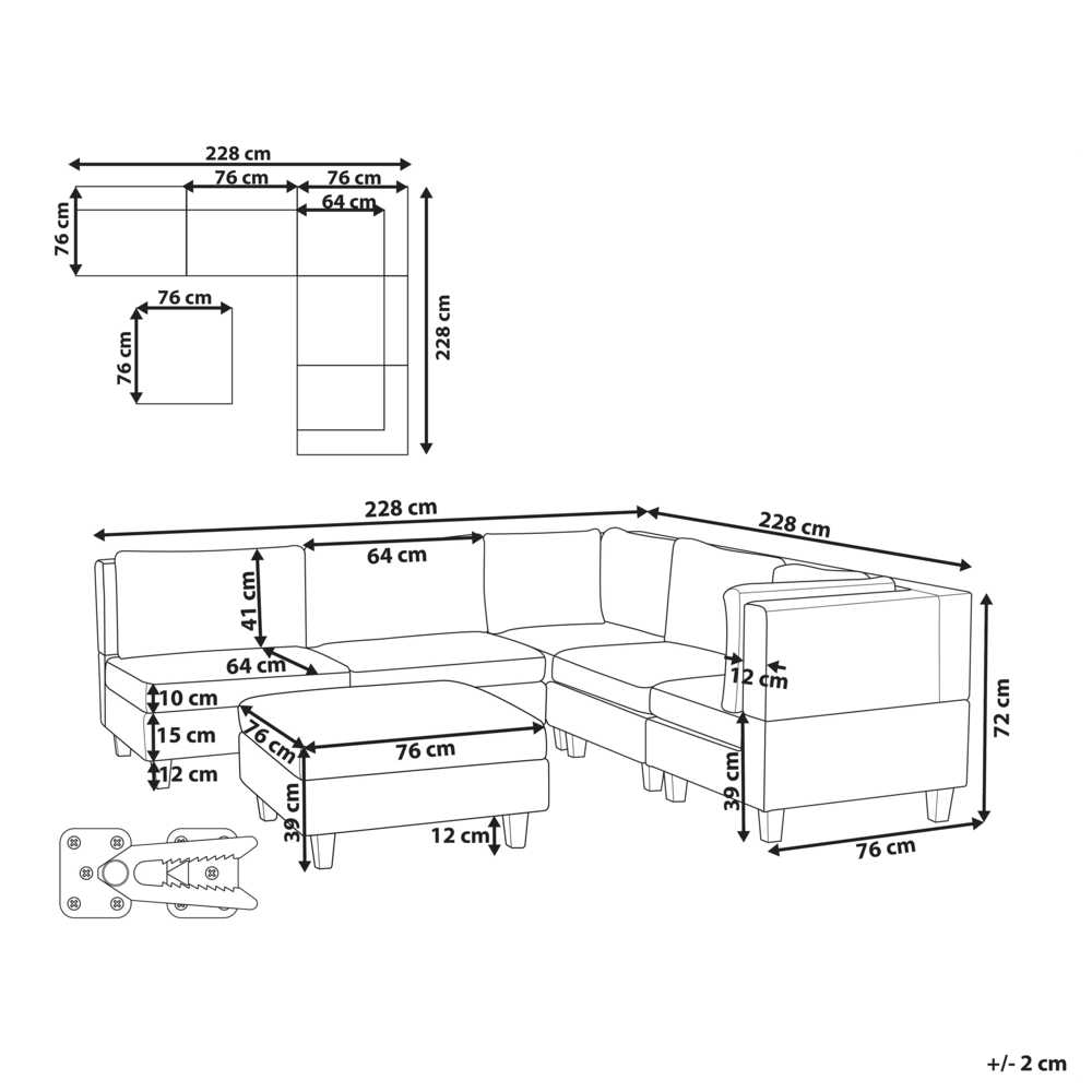 Beliani 5 vietų modulinė sofa UNSTAD kairinė, šviesiai smėlio spalvos su pufu