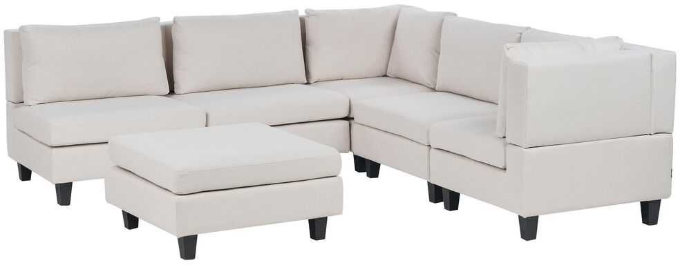 Beliani 5 vietų modulinė sofa UNSTAD kairinė, šviesiai smėlio spalvos su pufu