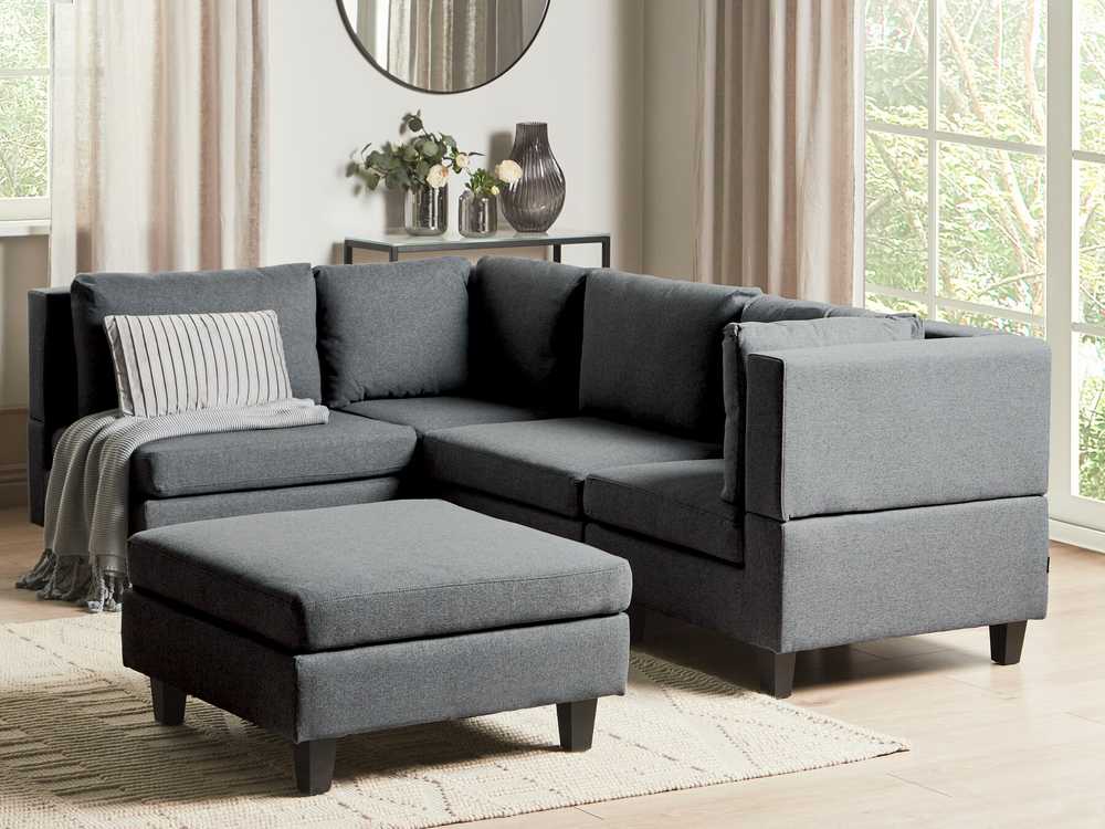 Beliani Modulinė kampinė sofa 4 asmenims UNSTAD dešininė tamsiai pilka su otomanu