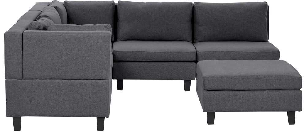 Beliani Penkių vietų modulinė sofa UNSTAD dešininė, tamsiai pilka su pufu