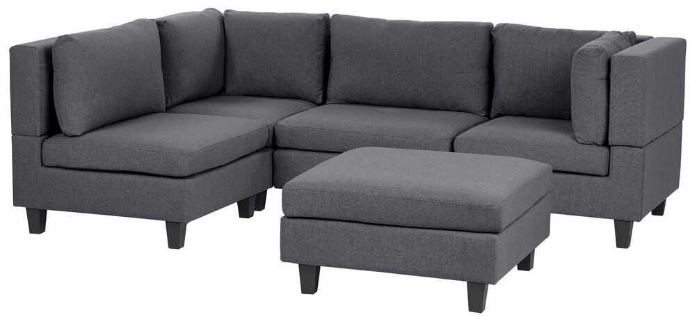 Beliani Modulinė kampinė sofa 4 asmenims UNSTAD dešininė tamsiai pilka su otomanu