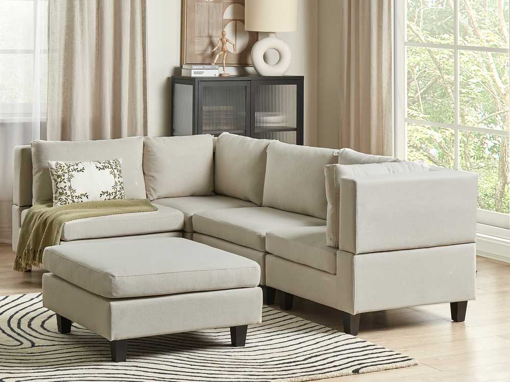 Beliani Modulinė 4 vietų kampinė sofa UNSTAD, dešininė, šviesiai smėlio spalvos, su otomane