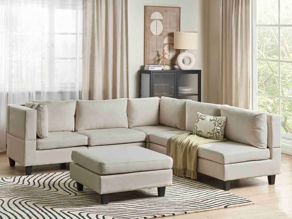 Beliani 5 vietų modulinė kampinė sofa UNSTAD Dešininė Šviesiai smėlio spalvos su otomanu