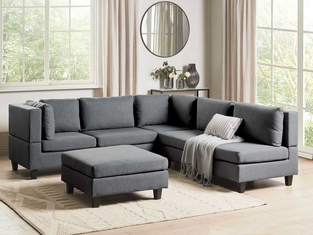 Beliani Penkių vietų modulinė sofa UNSTAD dešininė, tamsiai pilka su pufu