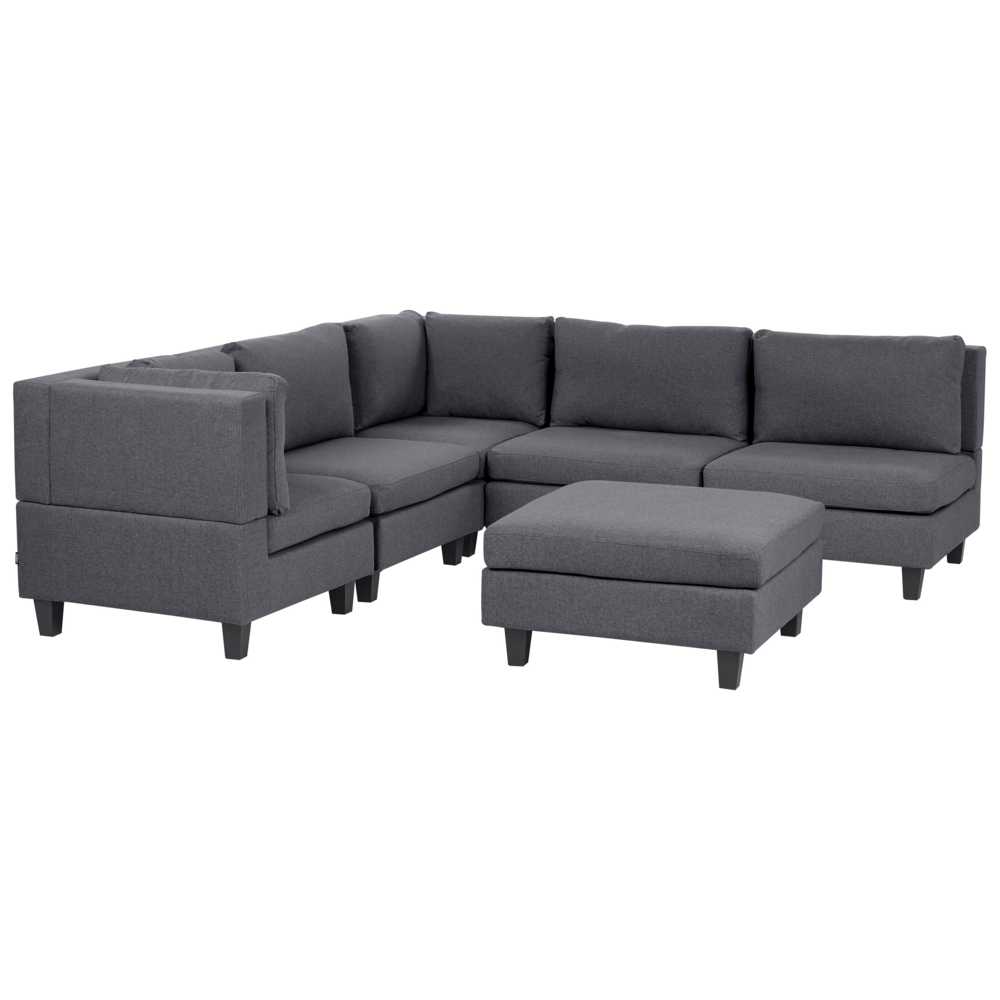 Beliani Penkių vietų modulinė sofa UNSTAD dešininė, tamsiai pilka su pufu