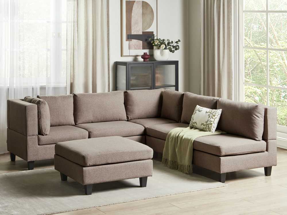 Beliani 5 vietų modulinė sofa UNSTAD, dešininė, ruda, su otomanu