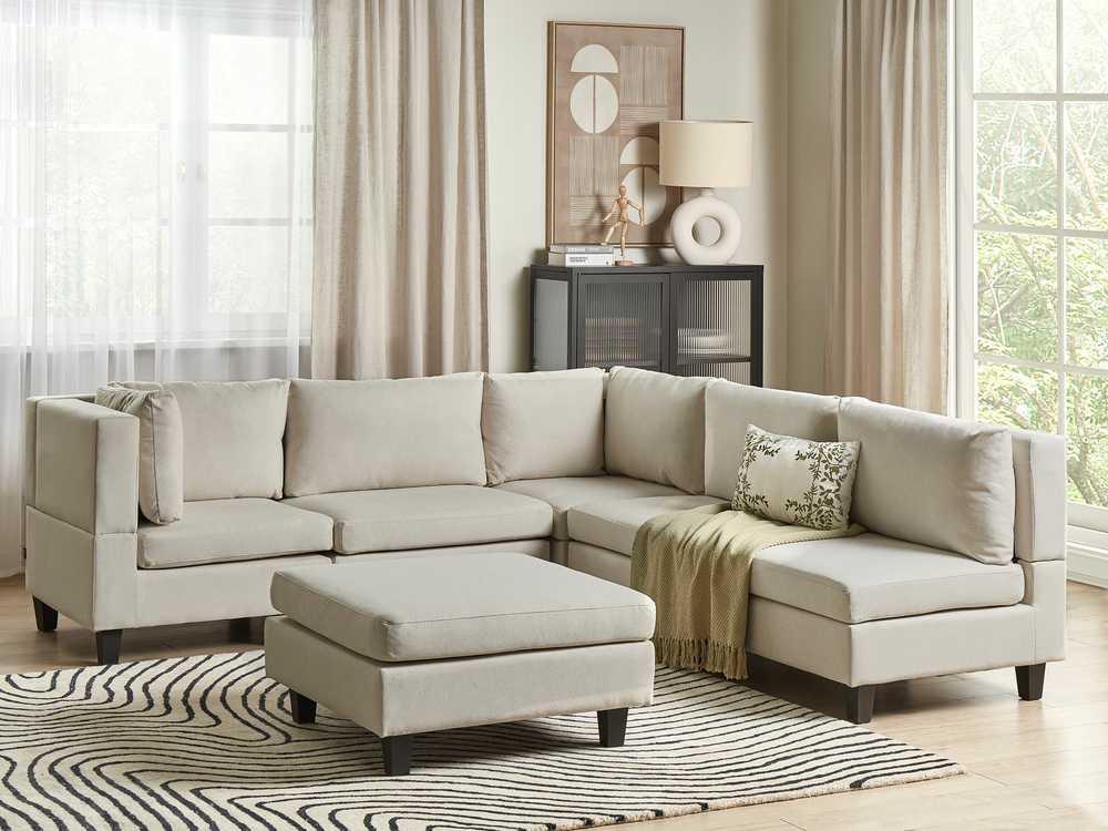 Beliani 5 vietų modulinė kampinė sofa UNSTAD Dešininė Šviesiai smėlio spalvos su otomanu