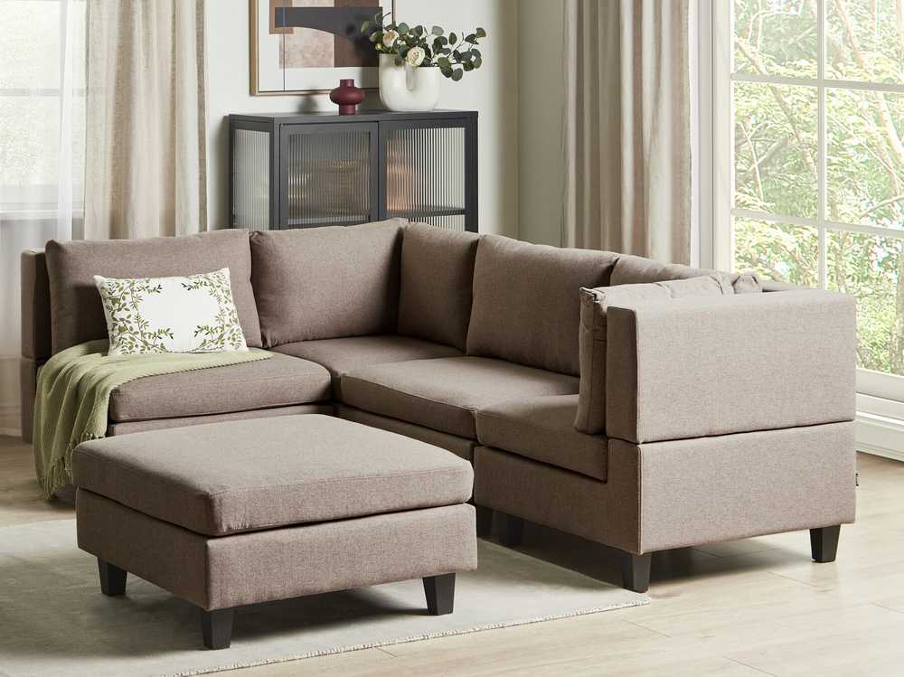 Beliani 4 vietų modulinė kampinė sofa UNSTAD dešininė, ruda su otomanu
