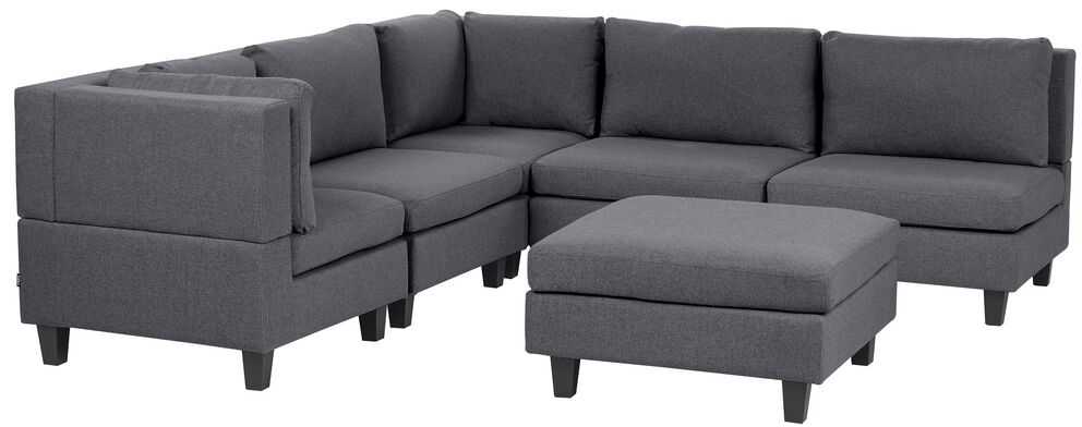 Beliani Penkių vietų modulinė sofa UNSTAD dešininė, tamsiai pilka su pufu