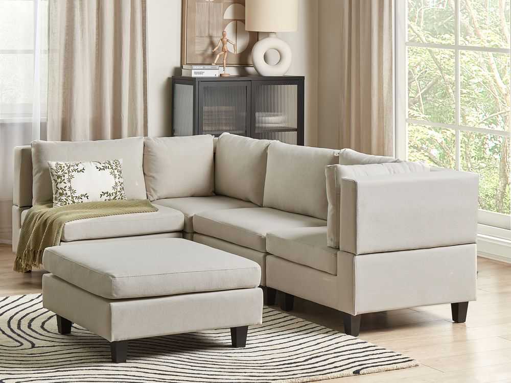 Beliani Modulinė 4 vietų kampinė sofa UNSTAD, dešininė, šviesiai smėlio spalvos, su otomane