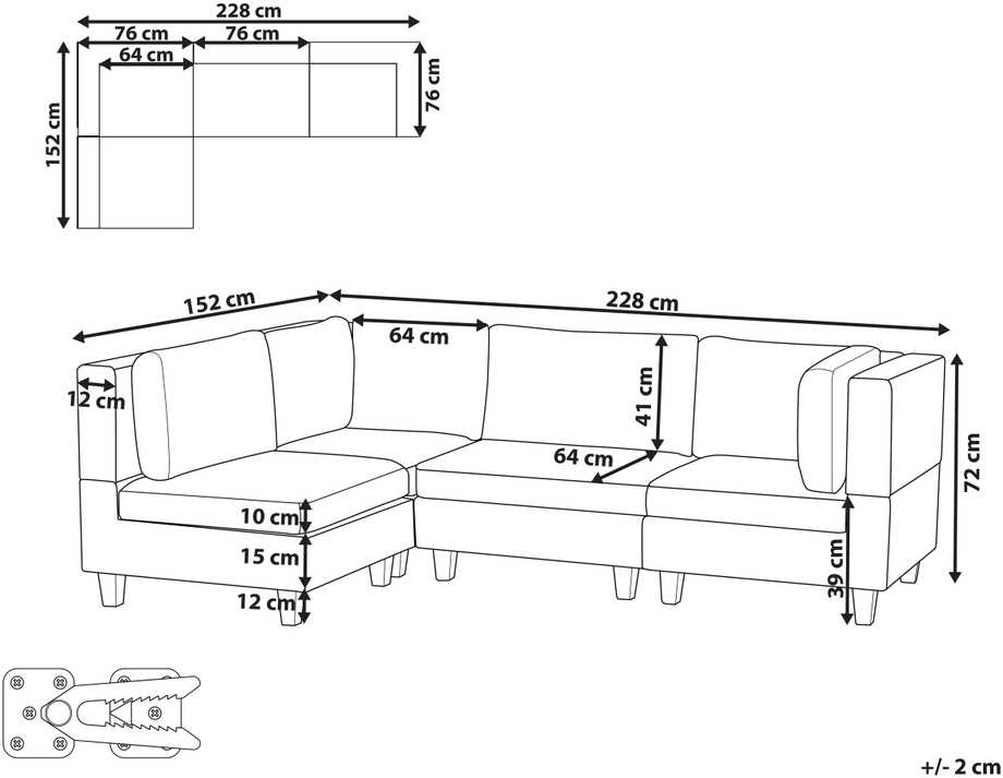 Beliani Modulinė 4 vietų kampinė sofa UNSTAD Dešininė Juoda