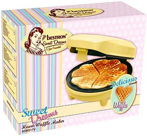 Bestron Širdelės Formos Vaflinė, 700W, Retro Dizaino Vaflinė su Nelipnia Danga, Geltona – Klasikiniai Širdelių Vafliukai