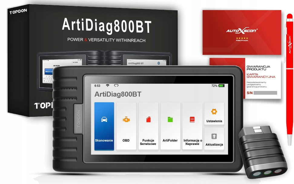"TOPDON ArtiDiag800 BT" - OBD2 akumuliatoriumi valdomas diagnostikos prietaisas, skirtas visoms transporto priemonėms, automobiliams, turintis išsamią sistemos diagnostiką ir 28 aptarnavimo funkcijas, nuolatinis atnaujinimas internetu, belaidis ryšys