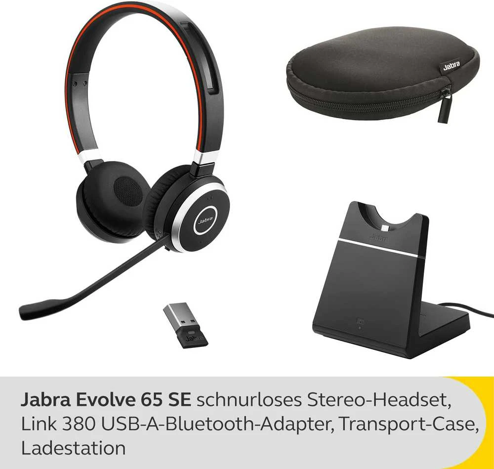 Jabra Evolve 65 SE UC Stereo Belaidės ausinės su mikrofonu, Bluetooth, Charging Stovas