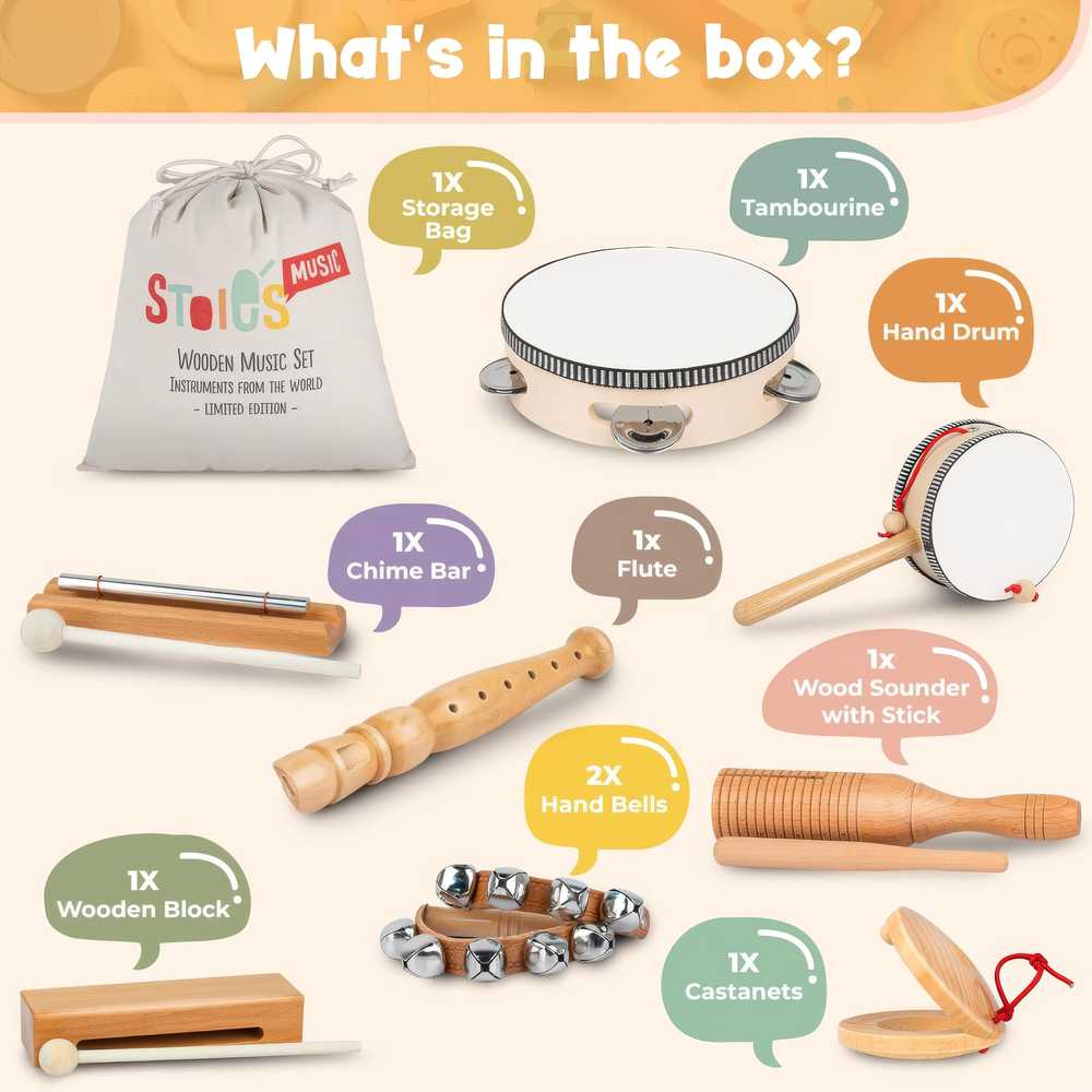 Stoie's muzikos instrumentai vaikams nuo 3 metų, mediniai montessori instrumentai, muzikos instrumentai vaikams, kūdikių toniniai medžiai, vaikiški instrumentai, būgnų muzikos žaislas