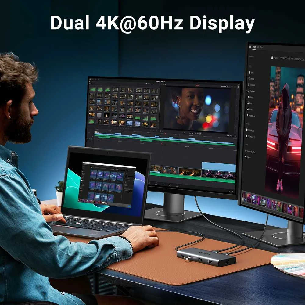 UGREEN Revodok Pro 210 sujungta su dviem monitoriais