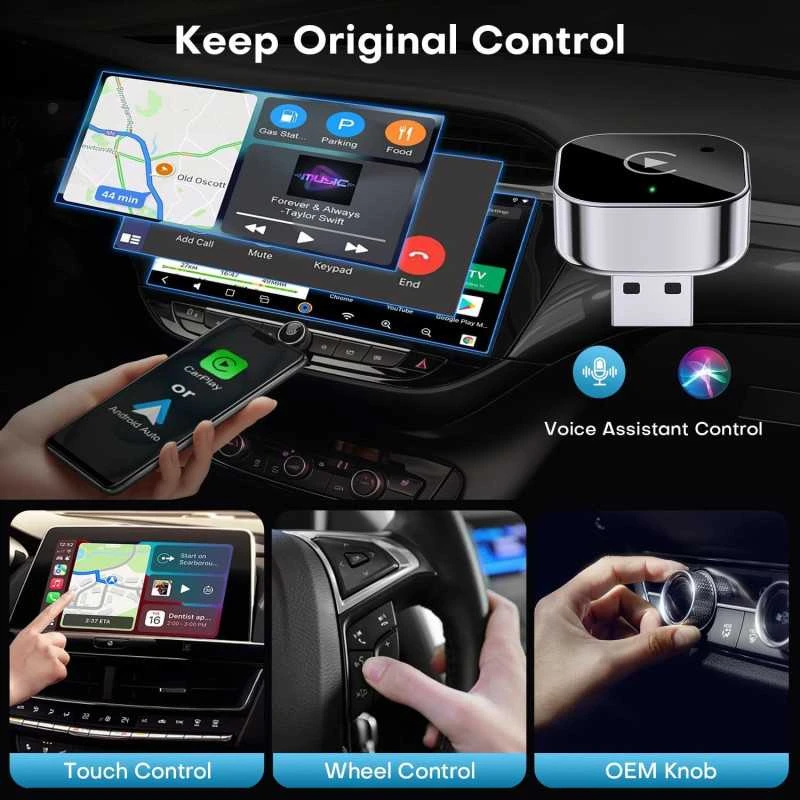 2-in-1 belaidis USB Apple CarPlay ir Android Auto adapteris – iš laidinio į belaidį (Plug & Play)