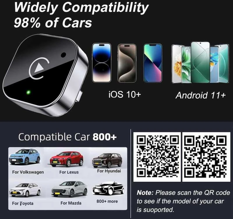 2-in-1 belaidis USB Apple CarPlay ir Android Auto adapteris – iš laidinio į belaidį (Plug & Play)