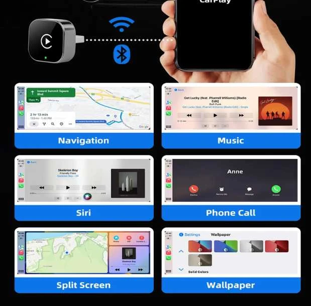 2-in-1 belaidis USB Apple CarPlay ir Android Auto adapteris – iš laidinio į belaidį (Plug & Play)