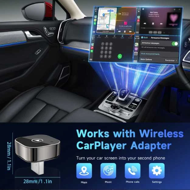 2-in-1 belaidis USB Apple CarPlay ir Android Auto adapteris – iš laidinio į belaidį (Plug & Play)