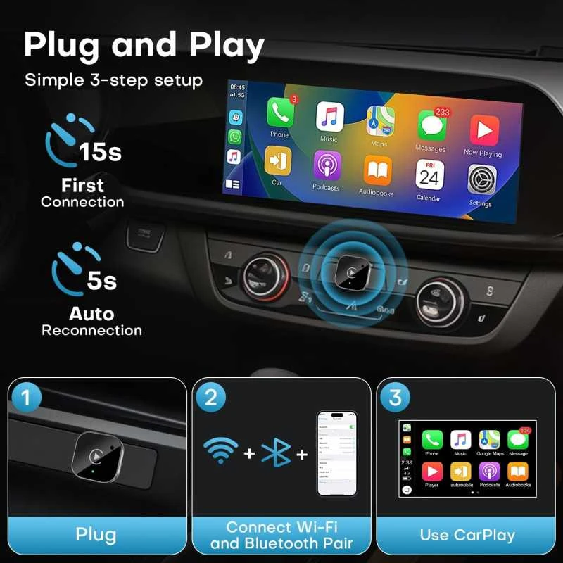 2-in-1 belaidis USB Apple CarPlay ir Android Auto adapteris – iš laidinio į belaidį (Plug & Play)
