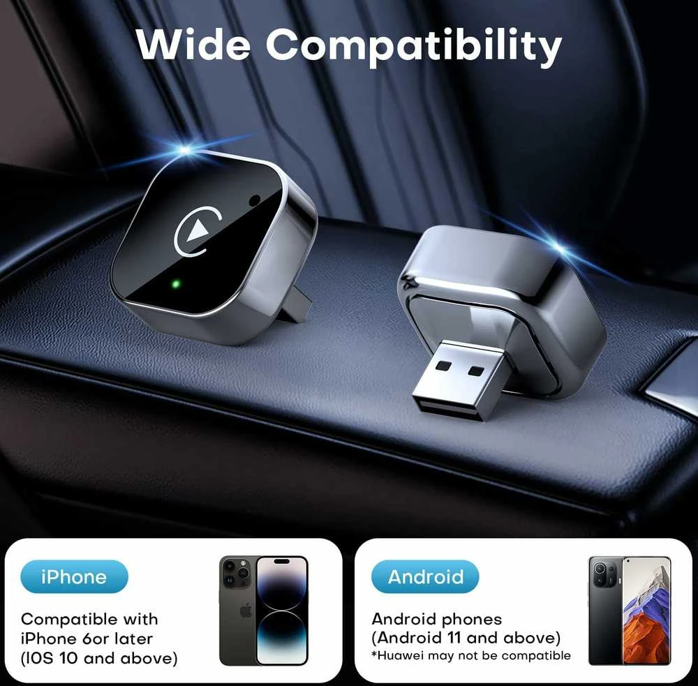 2026 Pionray 2-in-1 belaidis CarPlay ir Android Auto adapteris – 5GHz WiFi, Type-C/USB Plug & Play