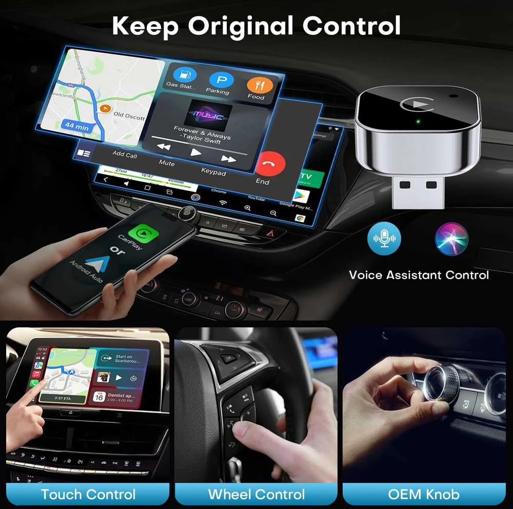 2026 Pionray 2-in-1 belaidis CarPlay ir Android Auto adapteris – 5GHz WiFi, Type-C/USB Plug & Play