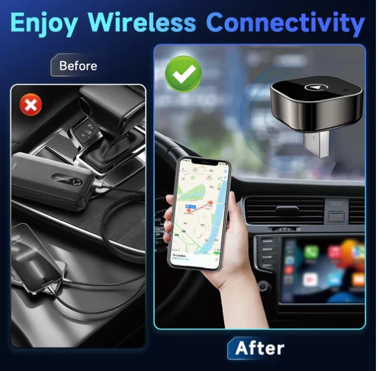 2026 Pionray 2-in-1 belaidis CarPlay ir Android Auto adapteris – 5GHz WiFi, Type-C/USB Plug & Play