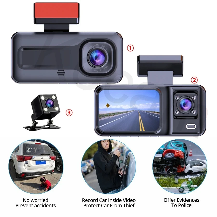 3 kamerų automobilio DVR 1080P vaizdo registratorius
