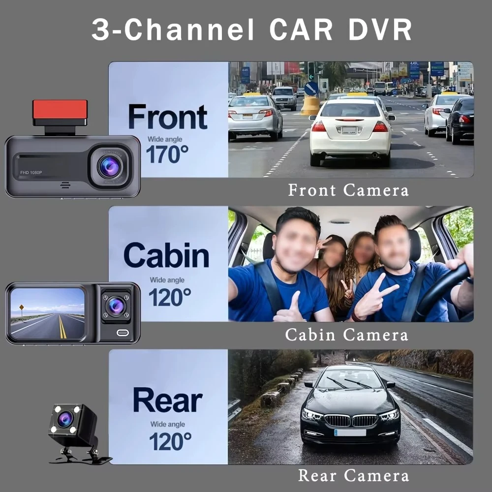 3 kamerų automobilio DVR 1080P vaizdo registratorius
