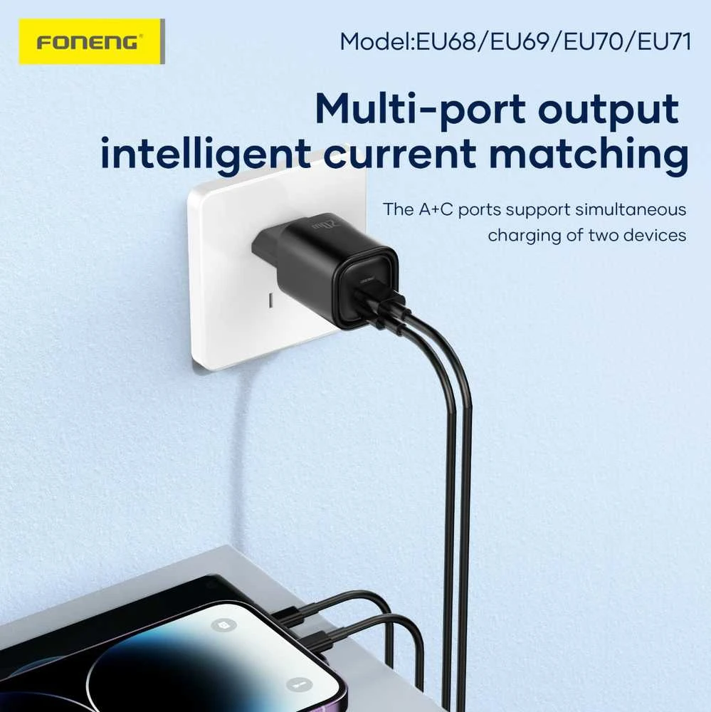 FONENG sieninis įkroviklis EU70 PD 20W 1xUSB-C + 1xUSB QC3.0 Juodas
