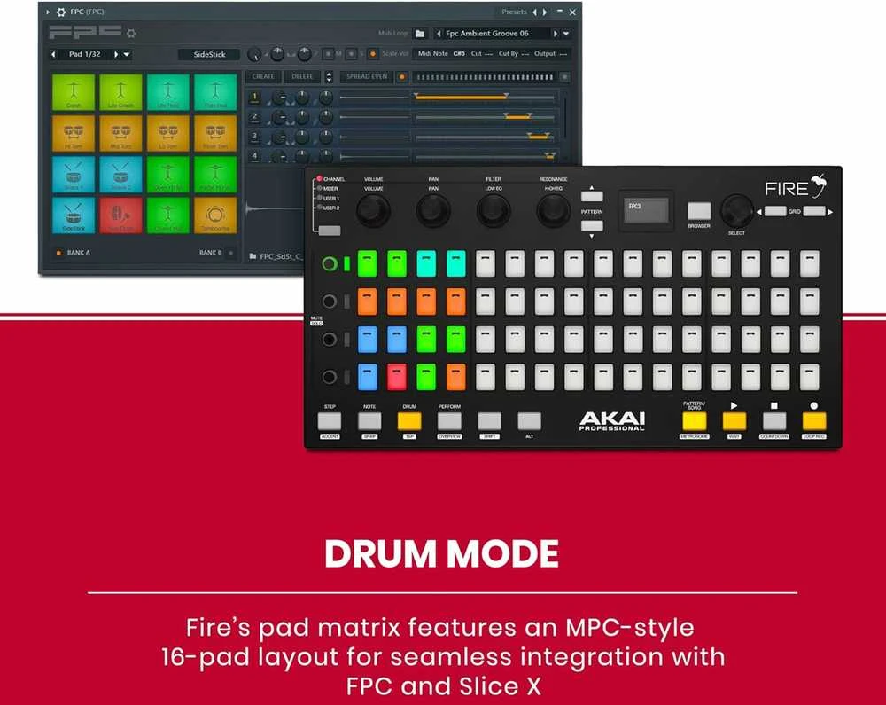 Akai Professional Fire – FL Studio Performance Controller su 4×16 RGB pad matrica, OLED ekranu ir MIDI valdymu