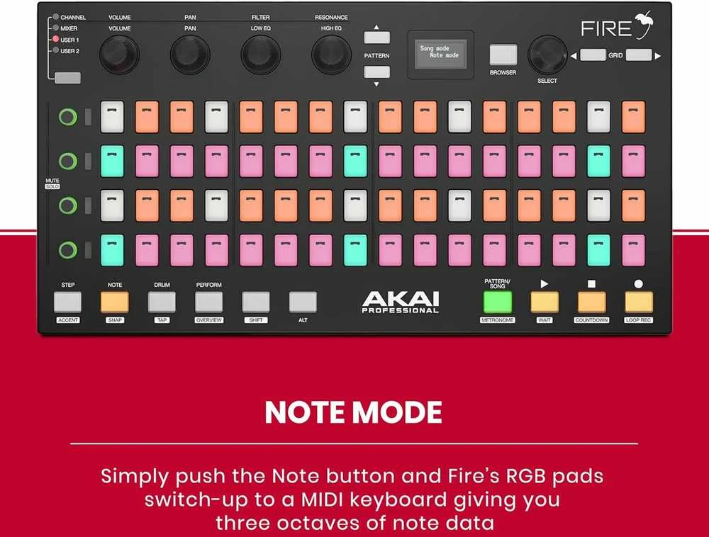 Akai Professional Fire – FL Studio Performance Controller su 4×16 RGB pad matrica, OLED ekranu ir MIDI valdymu