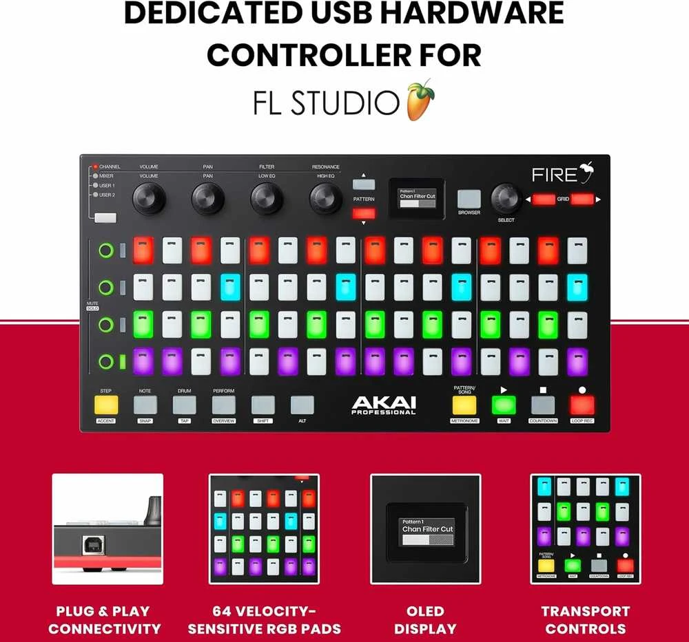 Akai Professional Fire – FL Studio Performance Controller su 4×16 RGB pad matrica, OLED ekranu ir MIDI valdymu