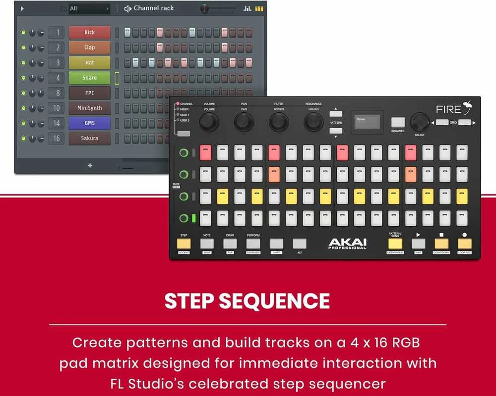 Akai Professional Fire – FL Studio Performance Controller su 4×16 RGB pad matrica, OLED ekranu ir MIDI valdymu