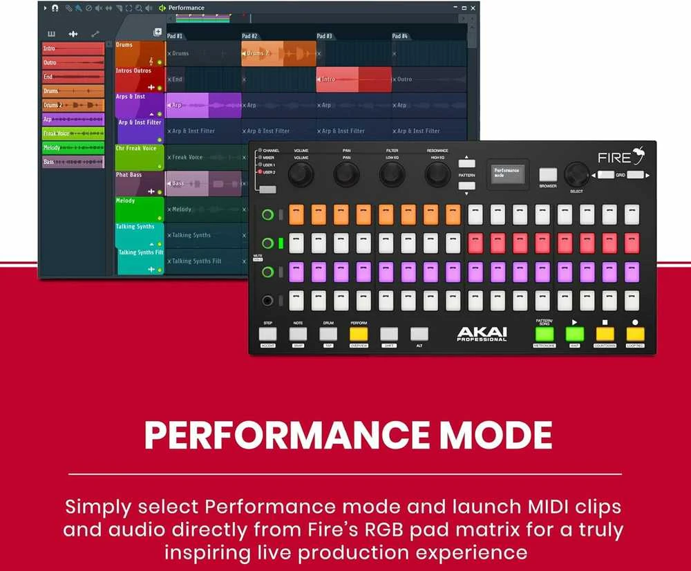 Akai Professional Fire – FL Studio Performance Controller su 4×16 RGB pad matrica, OLED ekranu ir MIDI valdymu