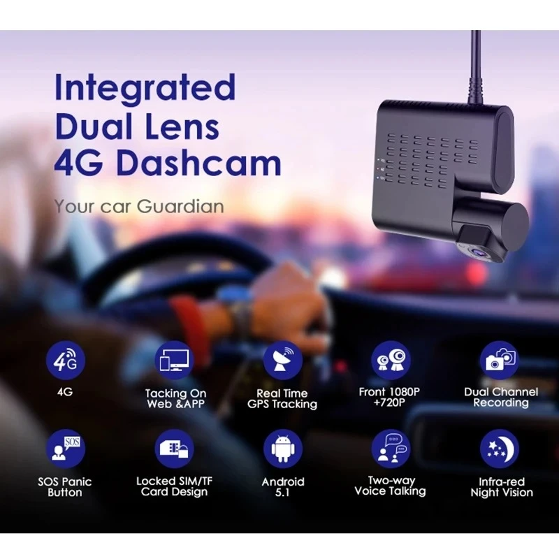 AZDOME C9 Pro 4G LTE tiesioginio vaizdo, 1080P dvigubos kameros GPS sekimas Wifi 24 valandų DVR vaizdo registratorius