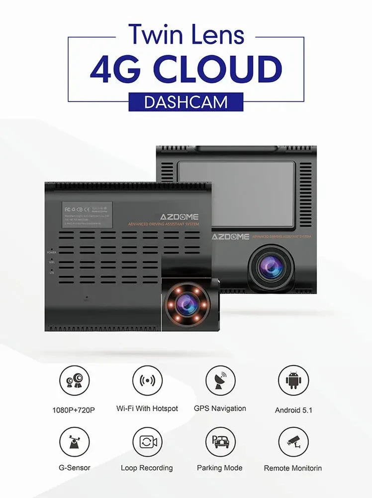 AZDOME C9 Pro 4G LTE tiesioginio vaizdo, 1080P dvigubos kameros GPS sekimas Wifi 24 valandų DVR vaizdo registratorius