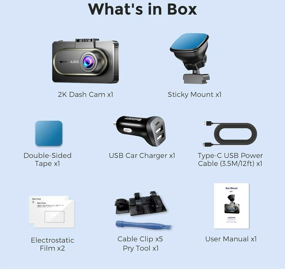 AZDOME M27 DVR 2K raiška, GPS, WIFI, 3 colių IPS ekranas, automobilių įrašymo įrenginys, 24 val. parkavimo stebėjimas