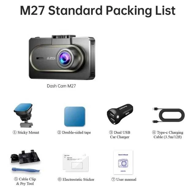 AZDOME M27 DVR 2K raiška, GPS, WIFI, 3 colių IPS ekranas, automobilių įrašymo įrenginys, 24 val. parkavimo stebėjimas