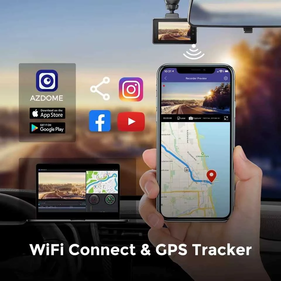 AZDOME M27 DVR 2K raiška, GPS, WIFI, 3 colių IPS ekranas, automobilių įrašymo įrenginys, 24 val. parkavimo stebėjimas