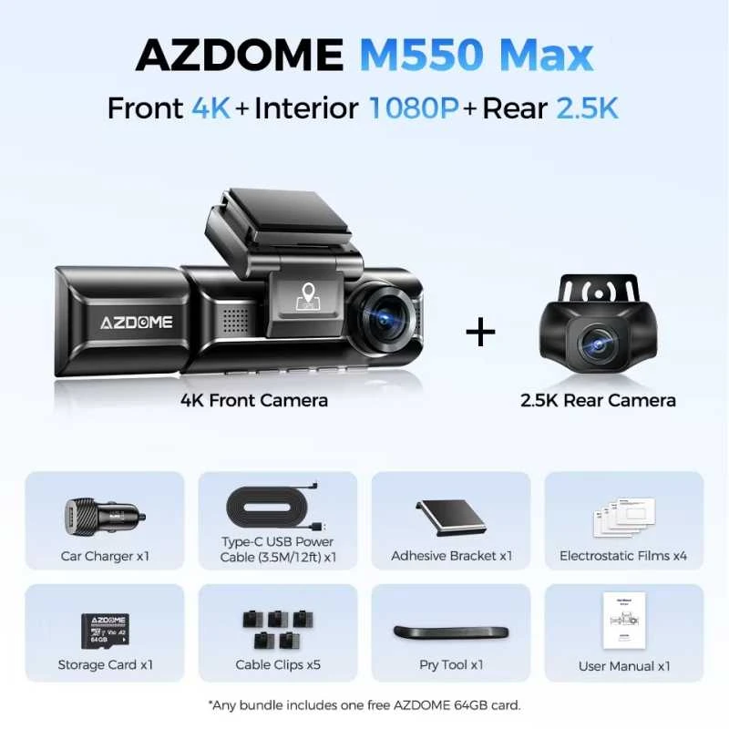 AZDOME M550 3CH 4K vaizdo registratorius – maksimalus saugumas su 3 kameromis ir naktiniu matymu