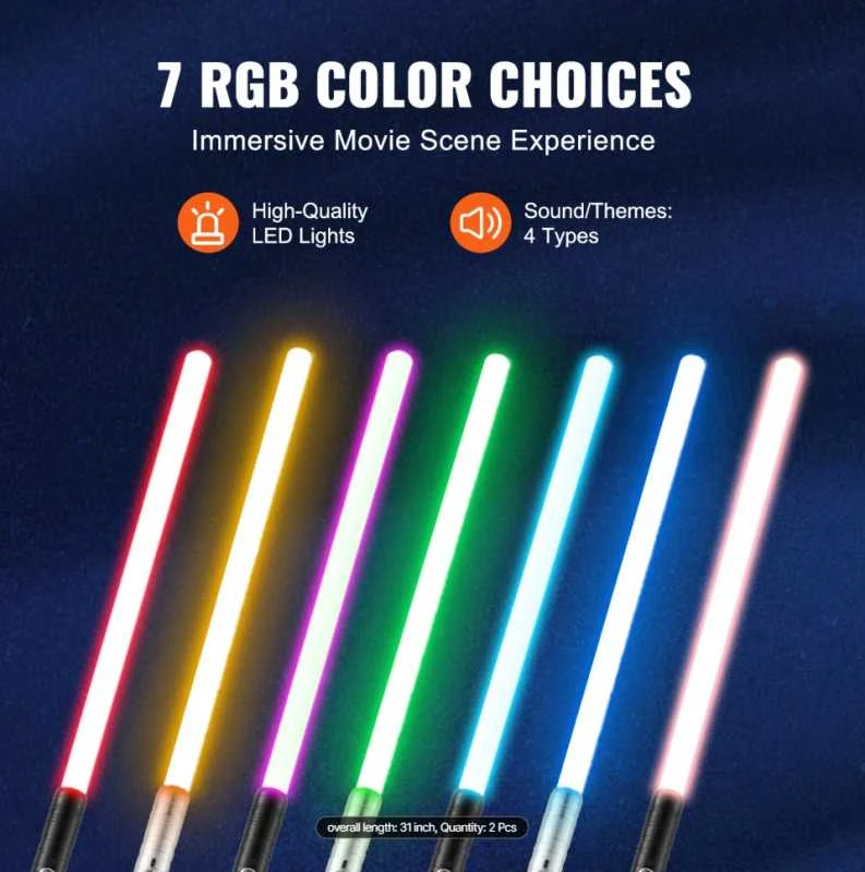 Cosplay lazerinis kardas 75 cm RGB – Metalinė rankena, 7 spalvos, garsas ir šviesos efektai