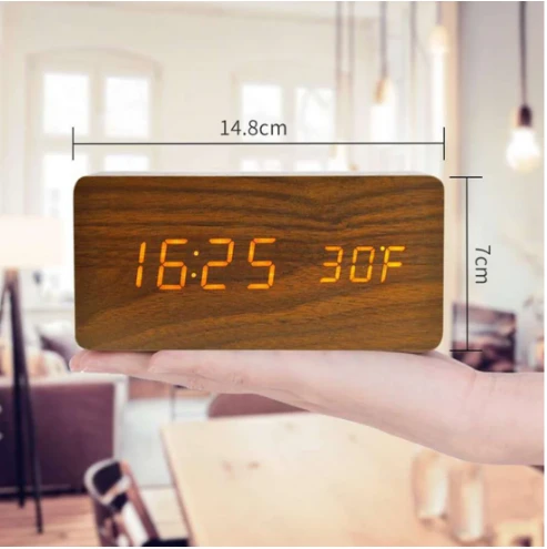 Evelatus EMC01 Digitāls Koka kubs Pulkstenis Modinātājs uzrāda mitrumu temperatūru + USB lādētājs Tumša koka