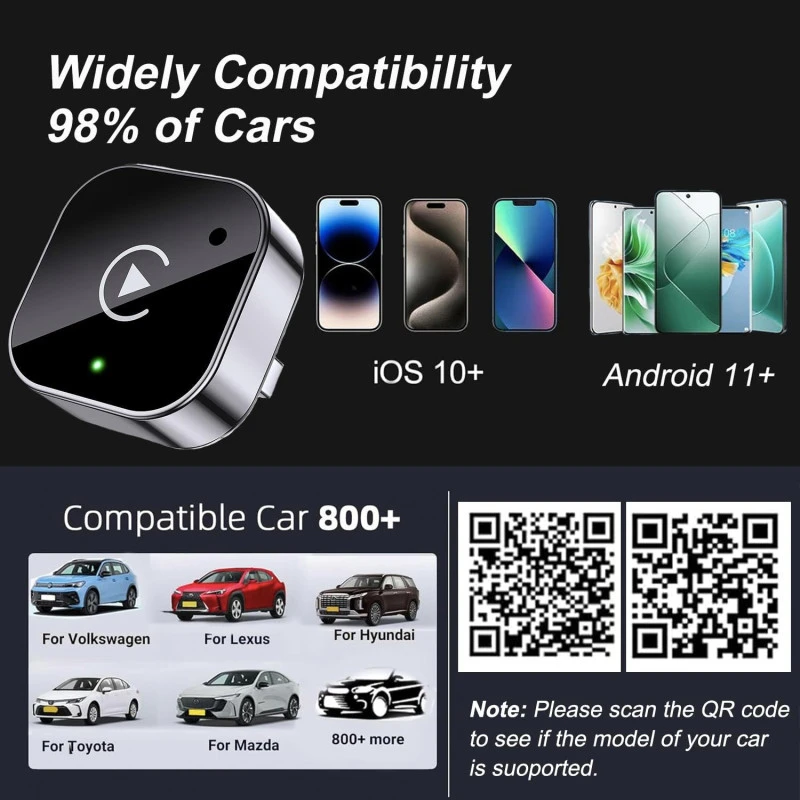 2-in-1 belaidis USB Apple CarPlay ir Android Auto adapteris – iš laidinio į belaidį (Plug & Play) aprašymas - Prekės nuotrauka