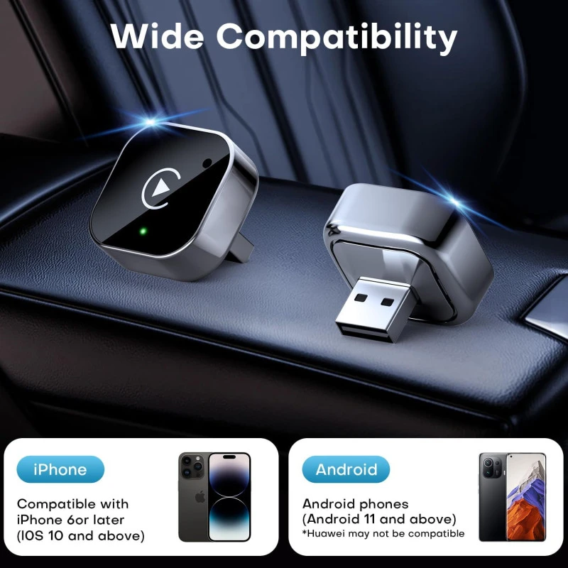 Automagnetola 2026 Pionray 2-in-1 belaidis CarPlay ir Android Auto adapteris – 5GHz WiFi, Type-C/USB Plug & Play aprašymas - Prekės nuotrauka