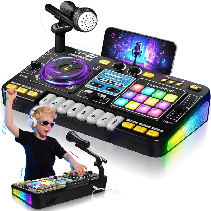 DJ Mixer su mikrofonu – vaikų DJ pultas su pianino klaviatūra, Bluetooth ir DJ turntable muzikos žaislas aprašymas - Prekės nuotrauka
